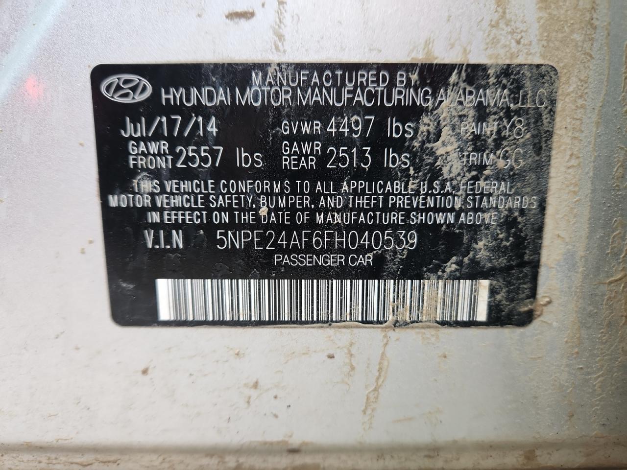 2015 Hyundai Sonata Se VIN: 5NPE24AF6FH040539 Lot: 89843975