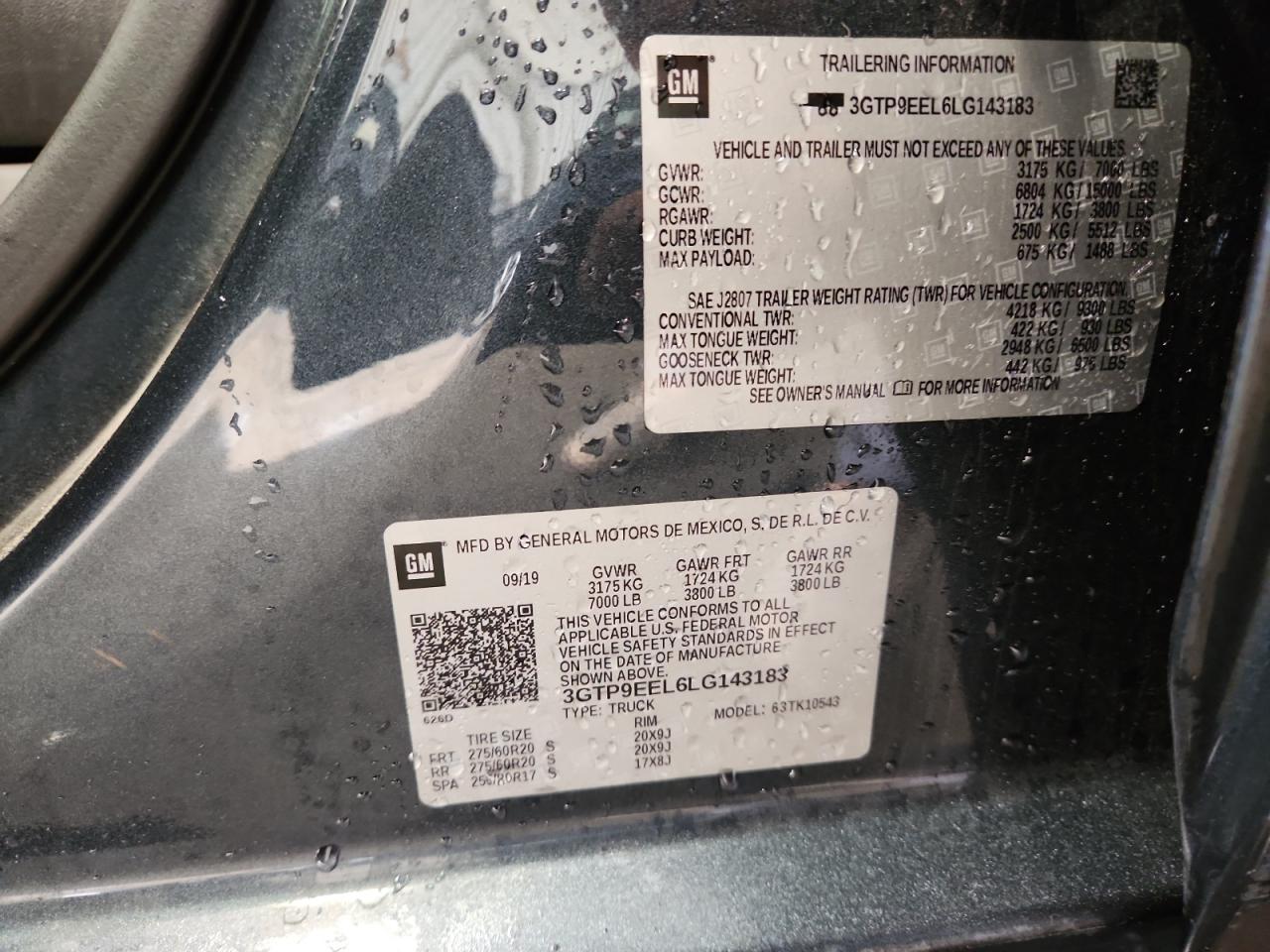 2020 GMC Sierra K1500 At4 VIN: 3GTP9EEL6LG143183 Lot: 84735015