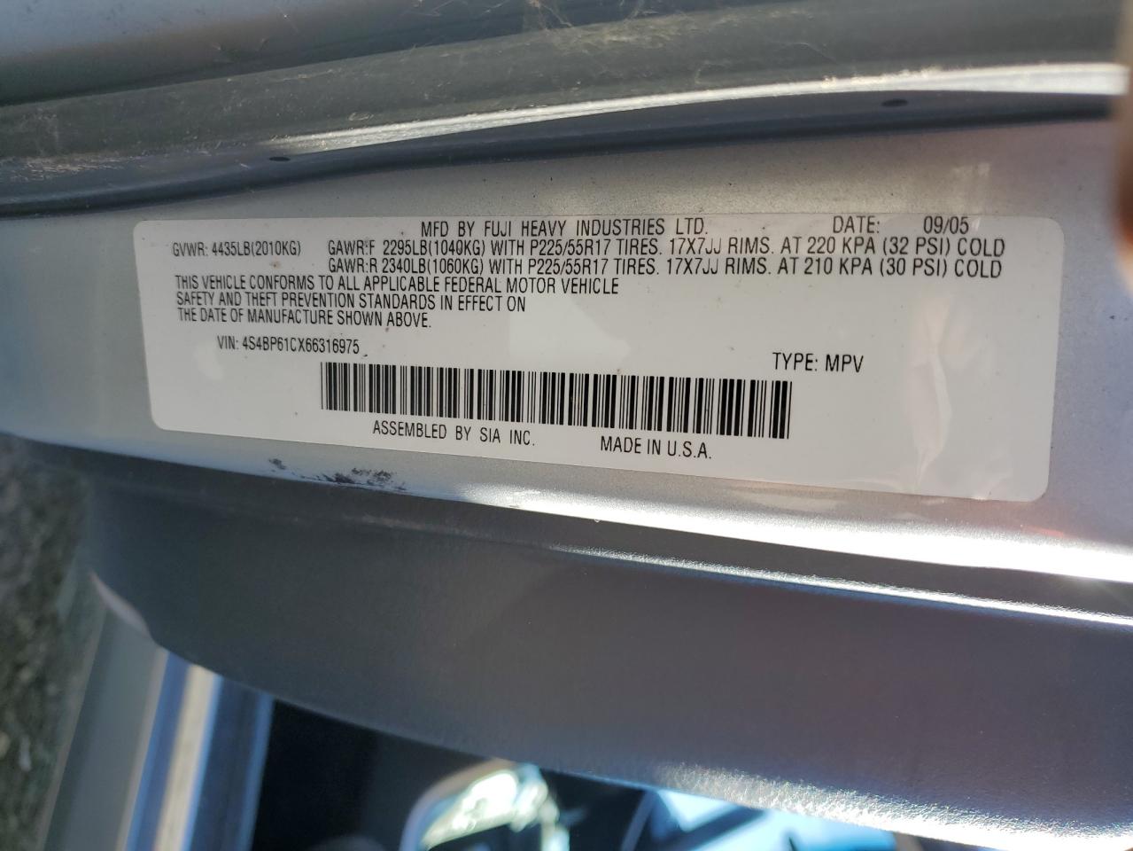 2006 Subaru Legacy Outback 2.5I VIN: 4S4BP61CX66316975 Lot: 84811255