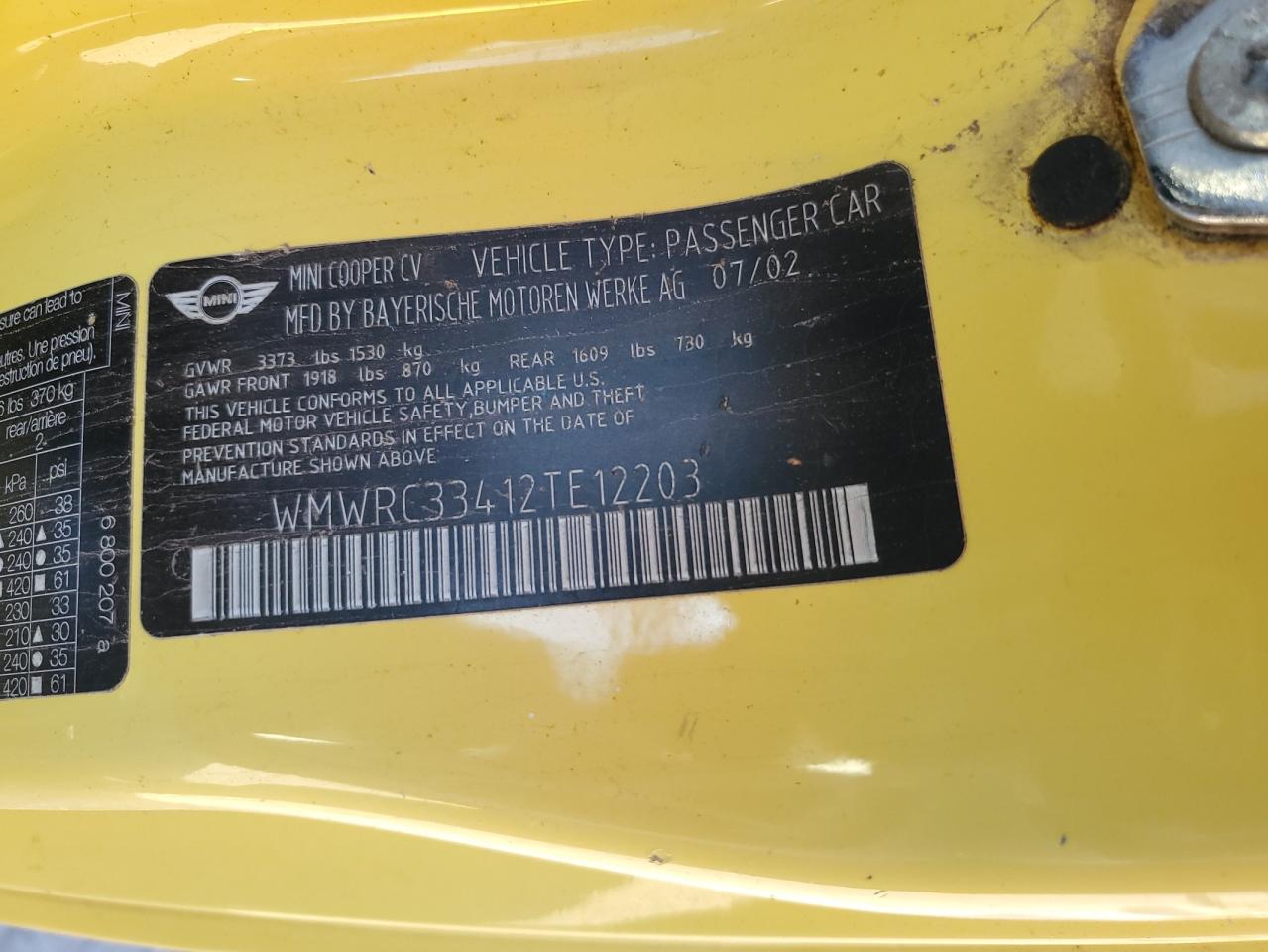 2002 Mini Cooper VIN: WMWRC33412TE12203 Lot: 87087585