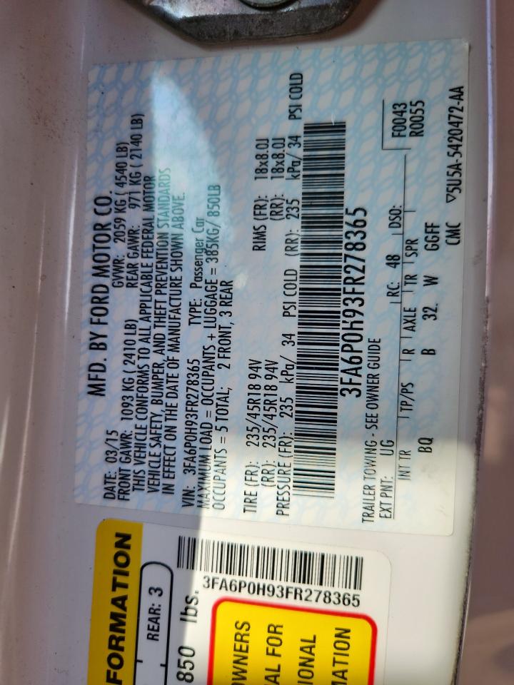 2015 Ford Fusion Se VIN: 3FA6P0H93FR278365 Lot: 84282415