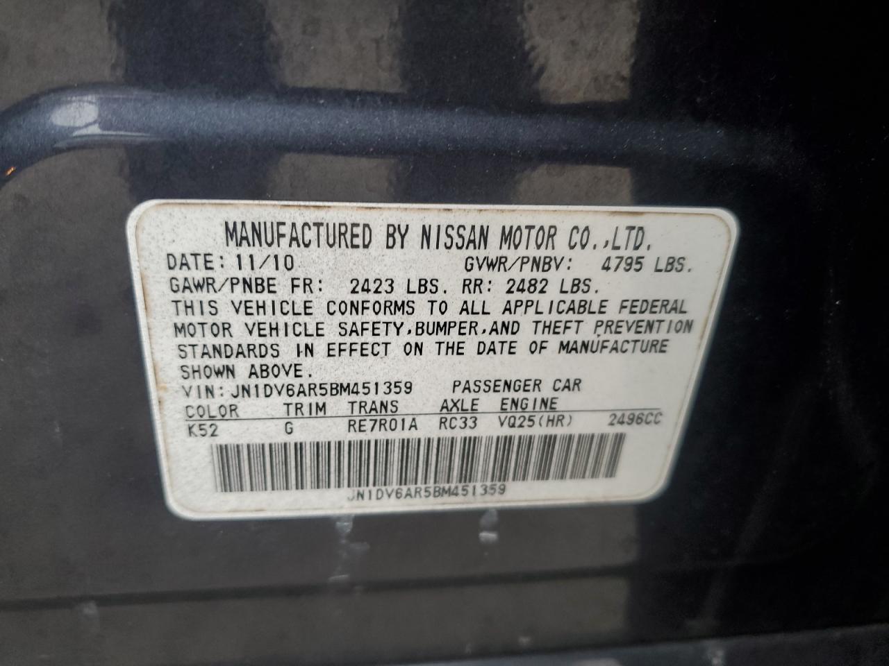 2011 Infiniti G25 VIN: JN1DV6AR5BM451359 Lot: 90110905