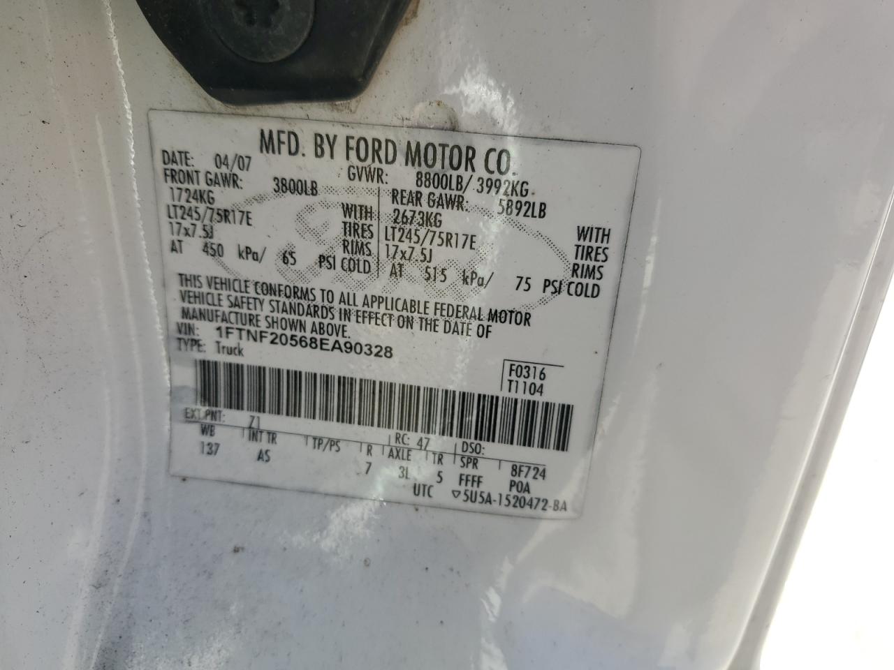 2008 Ford F250 Super Duty VIN: 1FTNF20568EA90328 Lot: 82412965