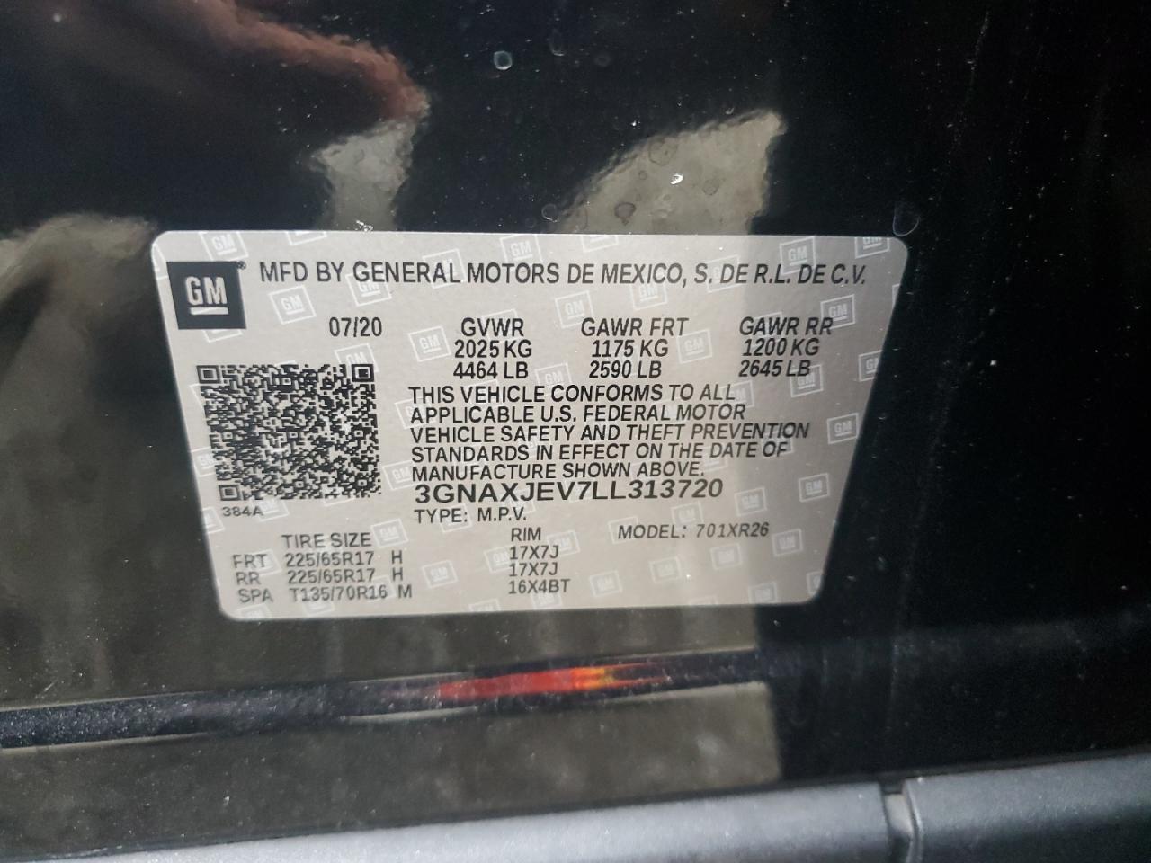 2020 Chevrolet Equinox Lt VIN: 3GNAXJEV7LL313720 Lot: 85349585