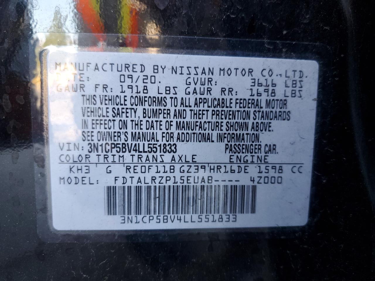 2020 Nissan Kicks S VIN: 3N1CP5BV4LL551833 Lot: 84767405