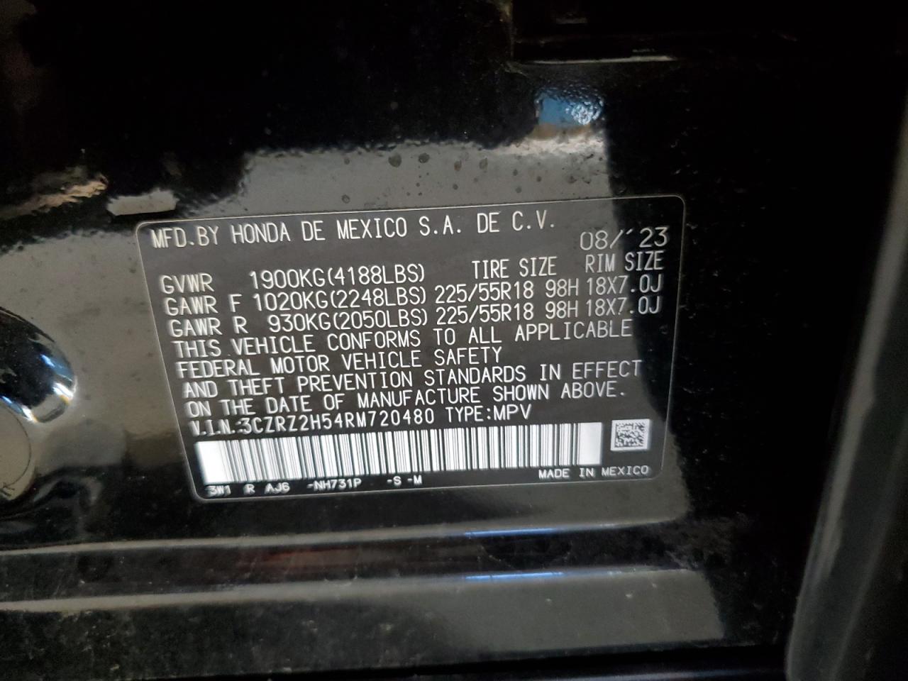 2024 Honda Hr-V Sport VIN: 3CZRZ2H54RM720480 Lot: 85088195