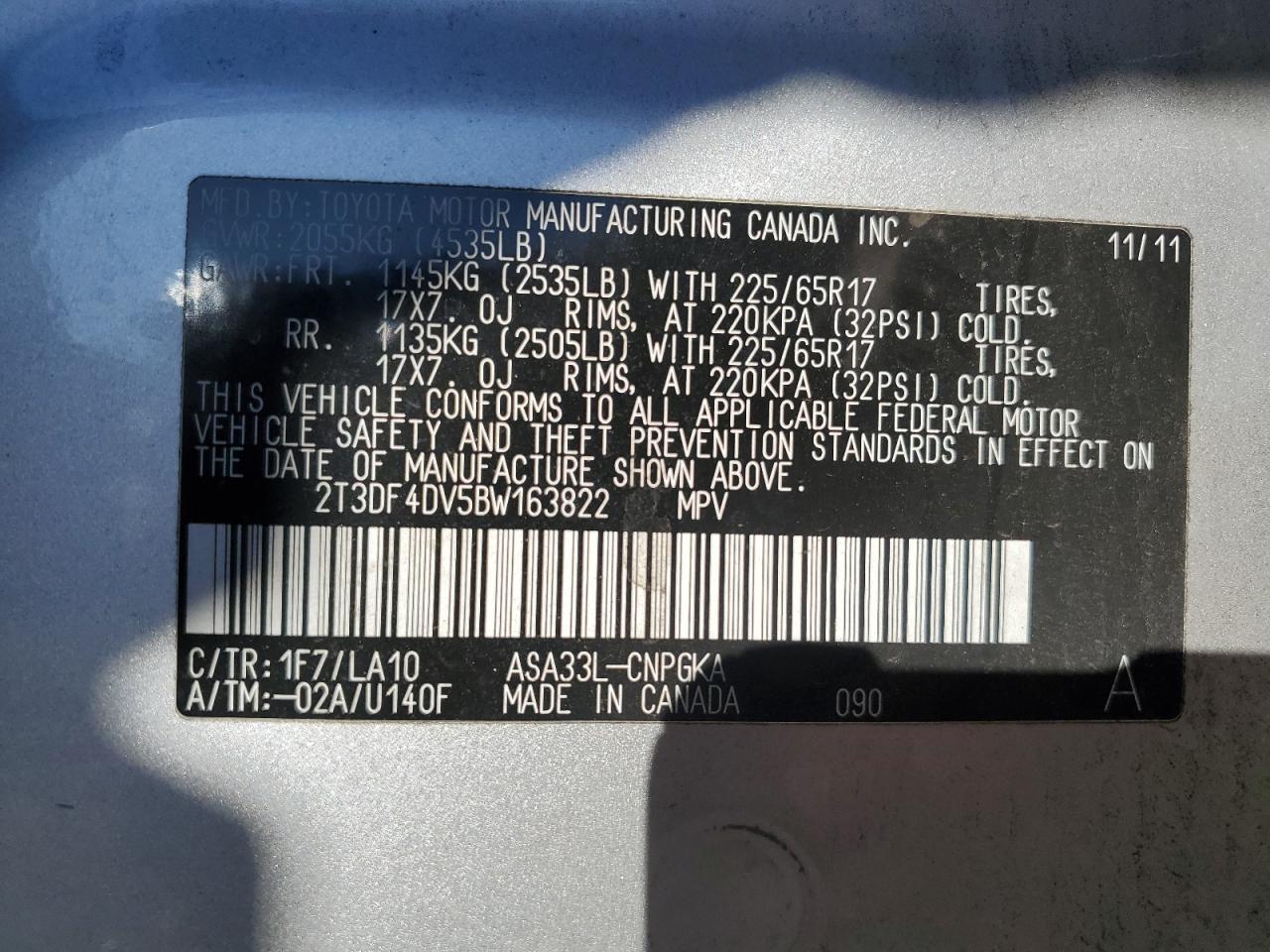 2011 Toyota Rav4 Limited VIN: 2T3DF4DV5BW163822 Lot: 84750595