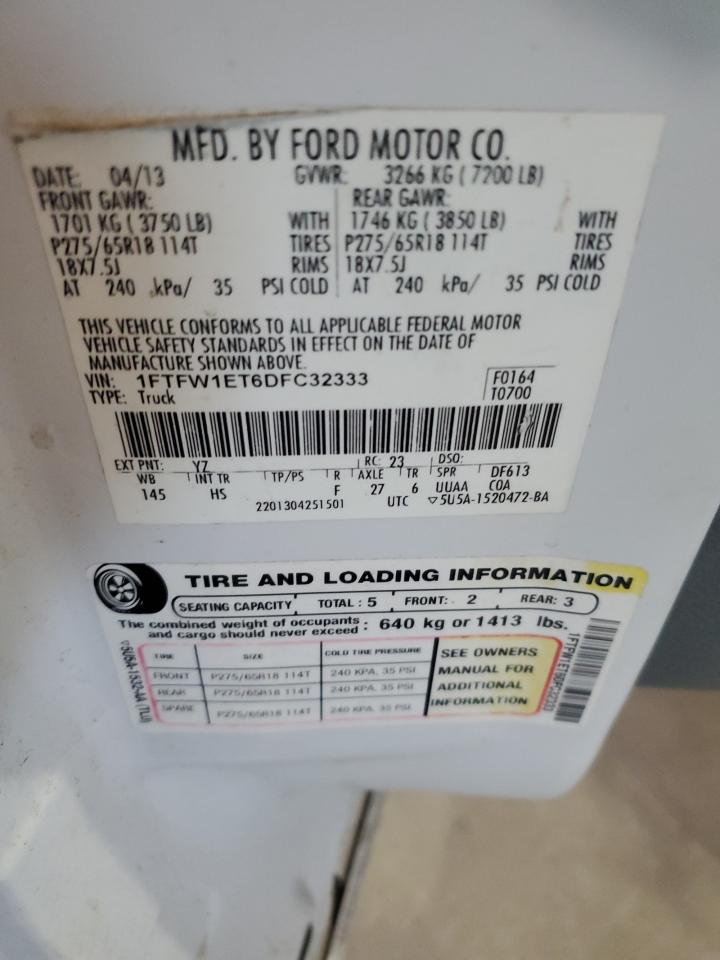 2013 Ford F150 Supercrew VIN: 1FTFW1ET6DFC32333 Lot: 85907095