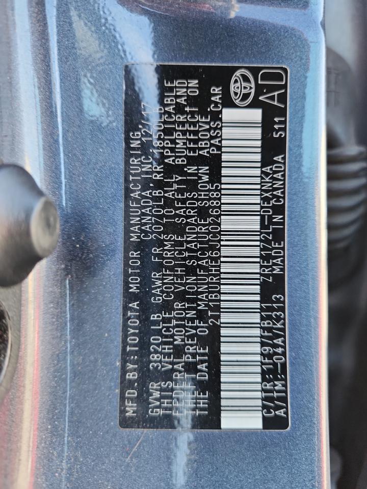 2018 Toyota Corolla L VIN: 2T1BURHE6JC026885 Lot: 84813325