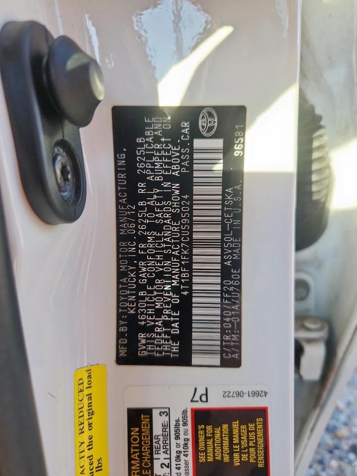 2012 Toyota Camry Base VIN: 4T1BF1FK7CU595024 Lot: 85359025