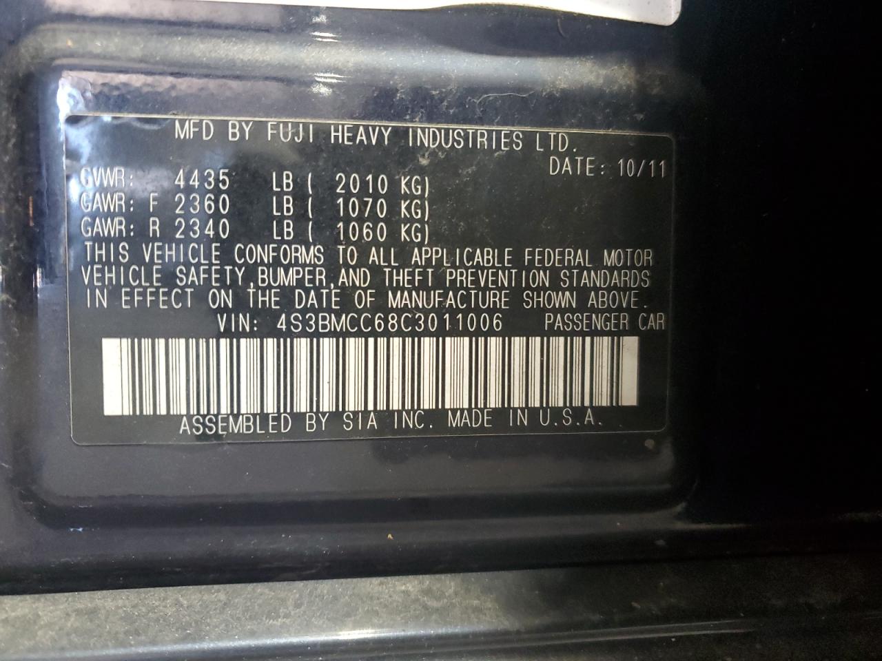 2012 Subaru Legacy 2.5I Premium VIN: 4S3BMCC68C3011006 Lot: 86789455