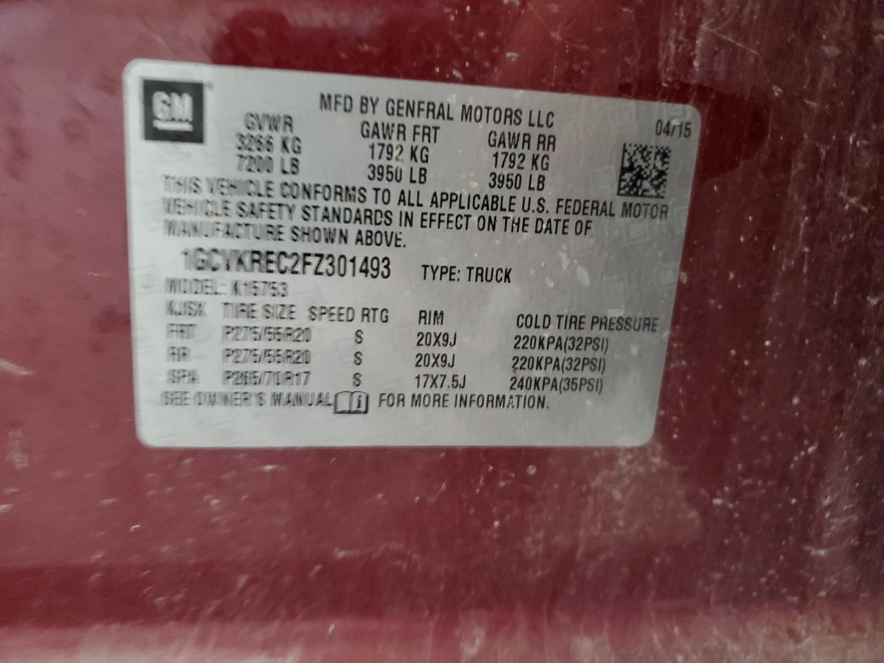 2015 Chevrolet Silverado K1500 Lt VIN: 1GCVKREC2FZ301493 Lot: 85342635