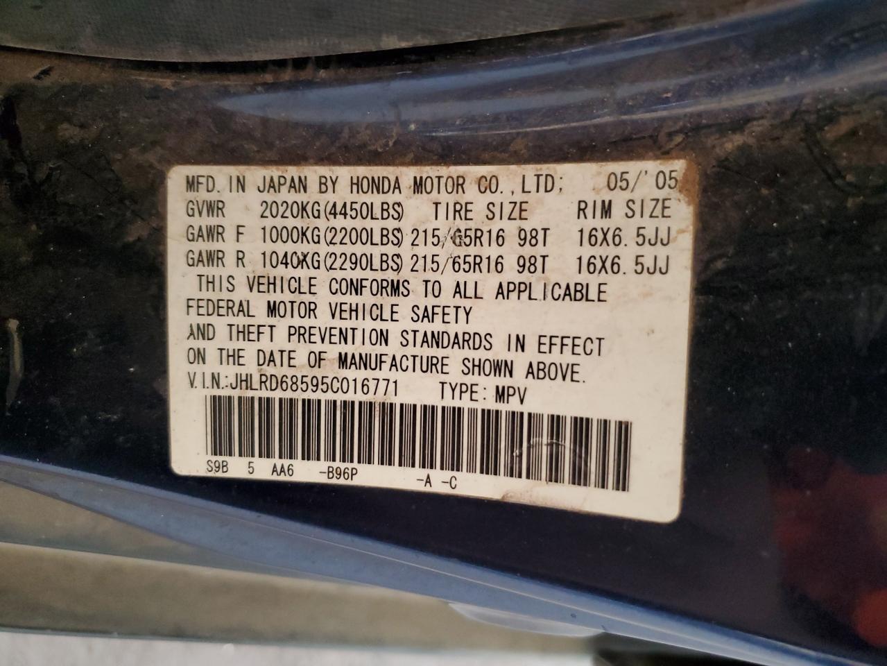 2005 Honda Cr-V Lx VIN: JHLRD68595C016771 Lot: 85160575