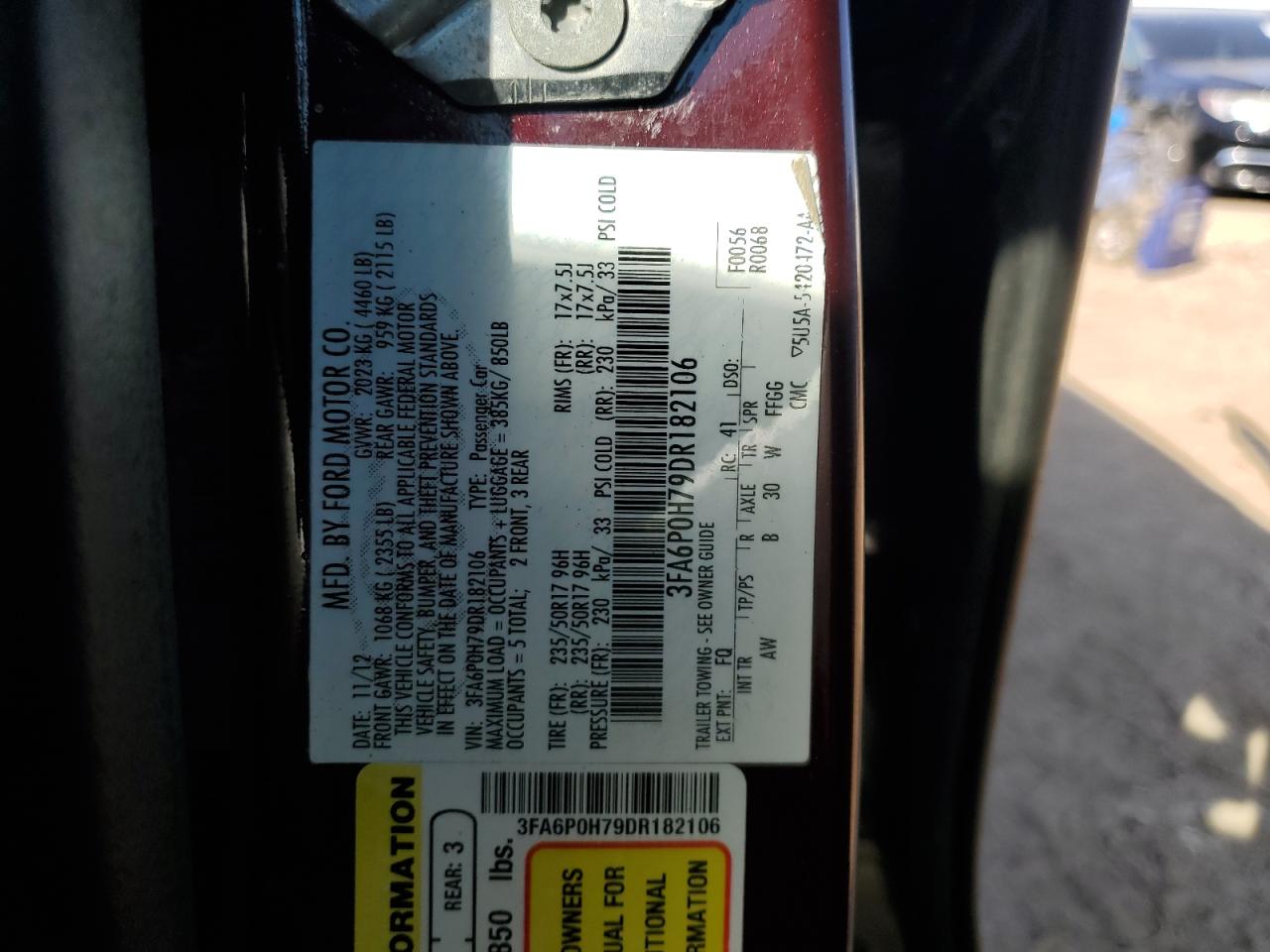 2013 Ford Fusion Se VIN: 3FA6P0H79DR182106 Lot: 82226365