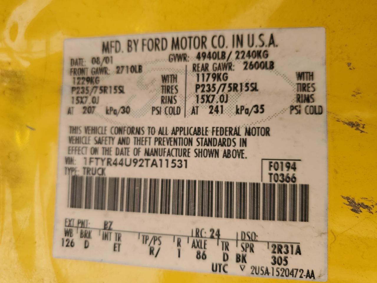 2002 Ford Ranger Super Cab VIN: 1FTYR44U92TA11531 Lot: 85870015