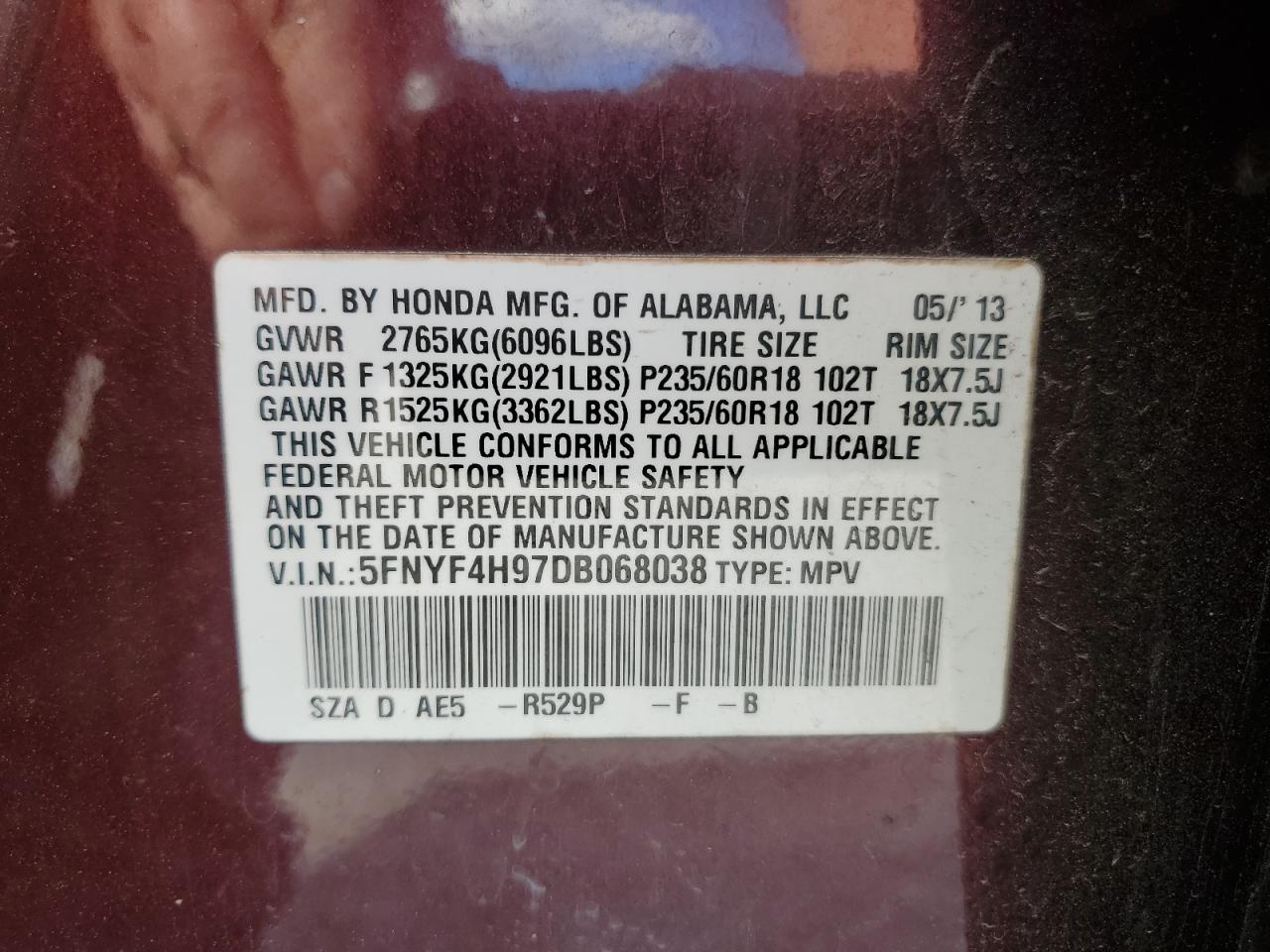 2013 Honda Pilot Touring VIN: 5FNYF4H97DB068038 Lot: 85746245