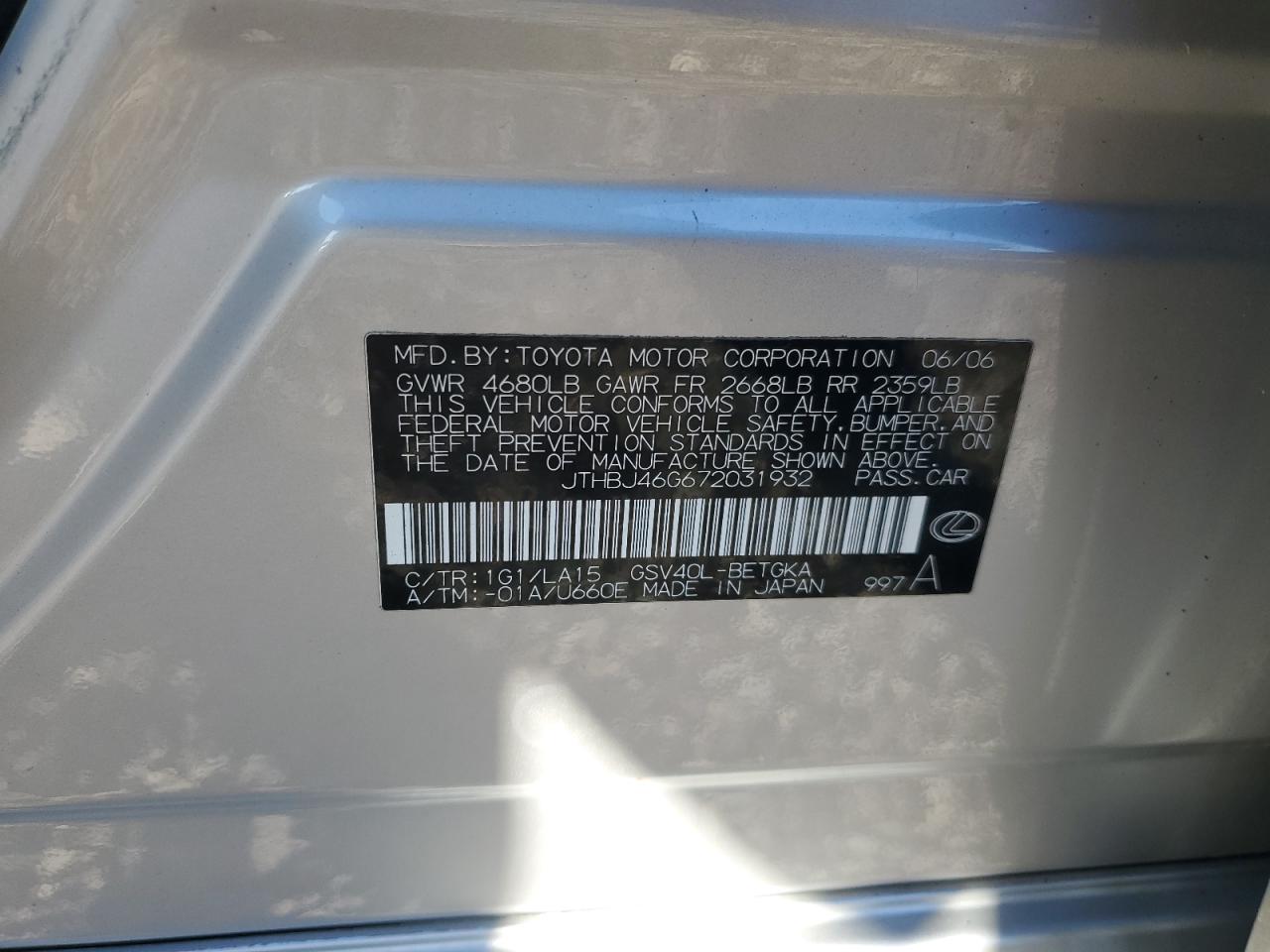 2007 Lexus Es 350 VIN: JTHBJ46G672031932 Lot: 85846095