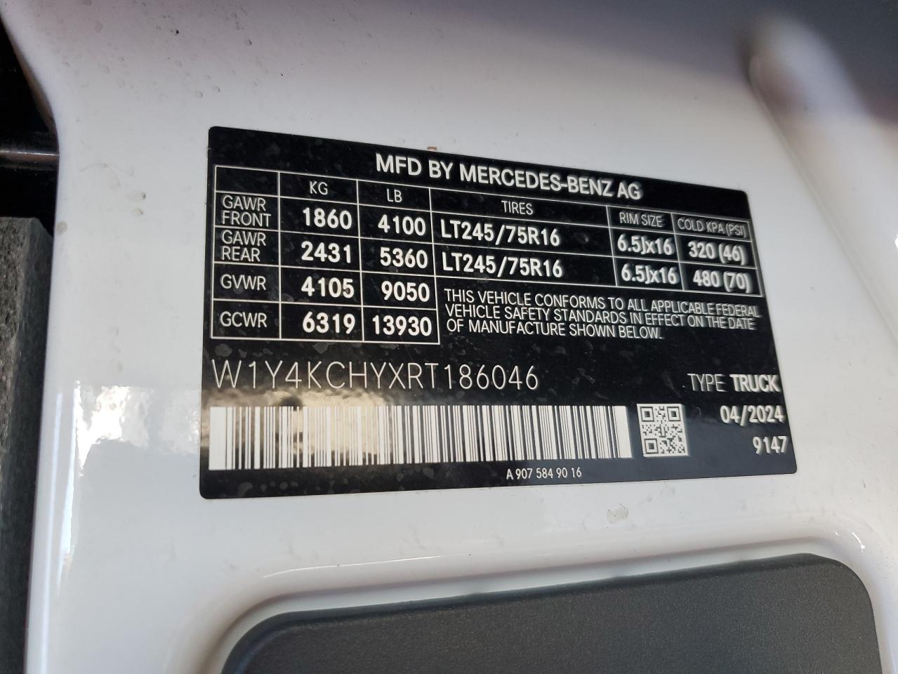 2024 Mercedes Benz Sprinter Delivery Van VIN: W1Y4KCHYXRT186046 Lot: 86484295
