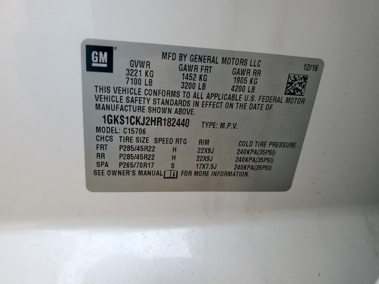 2017 GMC Yukon Denali VIN: 1GKS1CKJ2HR182440 Lot: 86606425