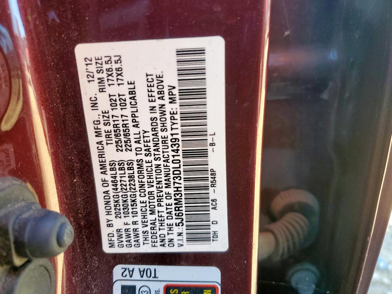 2013 Honda Cr-V Exl VIN: 5J6RM3H73DL014391 Lot: 91128635