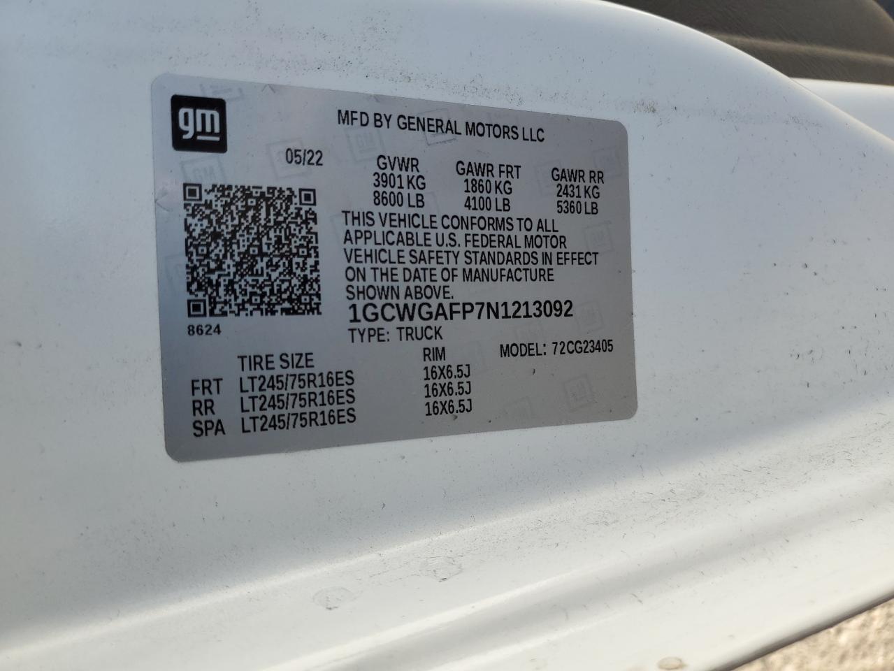 2022 Chevrolet Express 2500 Utility / Service Van VIN: 1GCWGAFP7N1213092 Lot: 85419075