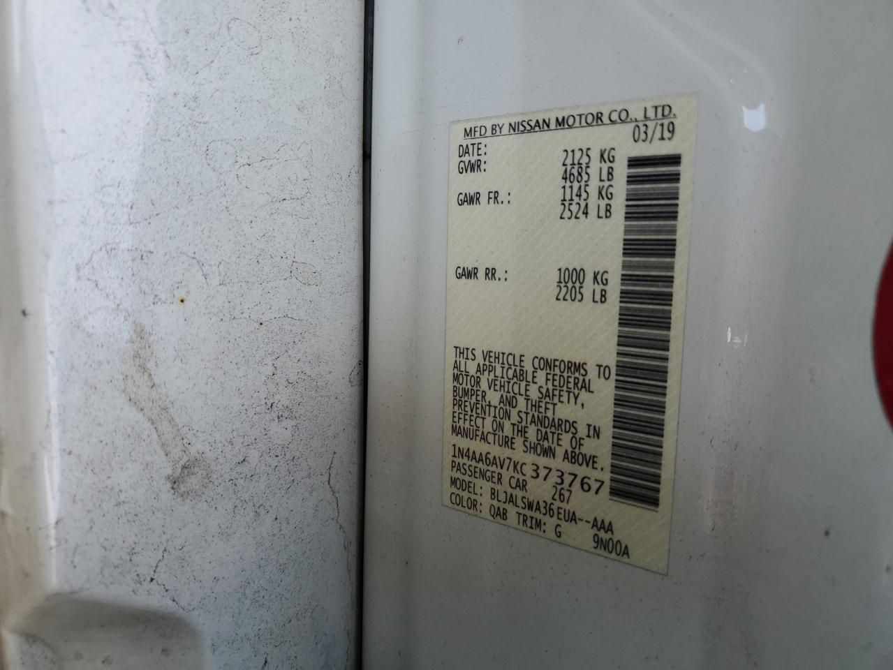 2019 Nissan Maxima S VIN: 1N4AA6AV7KC373767 Lot: 89438295