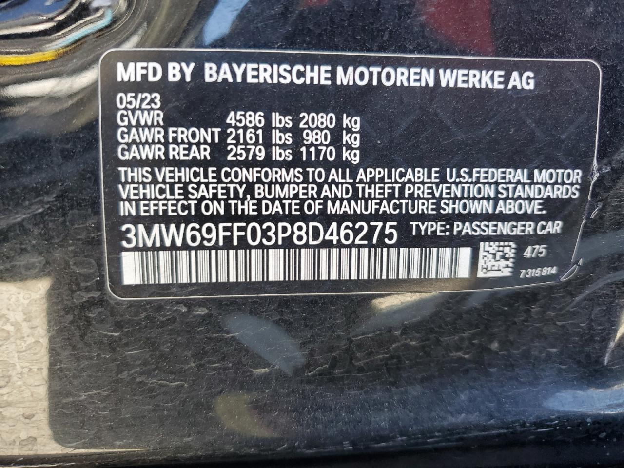 2023 BMW 330I VIN: 3MW69FF03P8D46275 Lot: 83810865