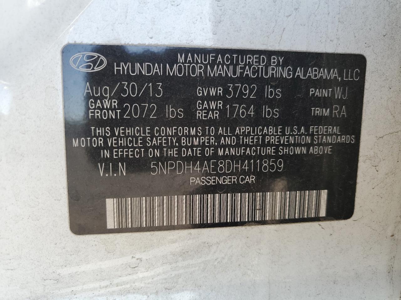 2013 Hyundai Elantra Gls VIN: 5NPDH4AE8DH411859 Lot: 85353615