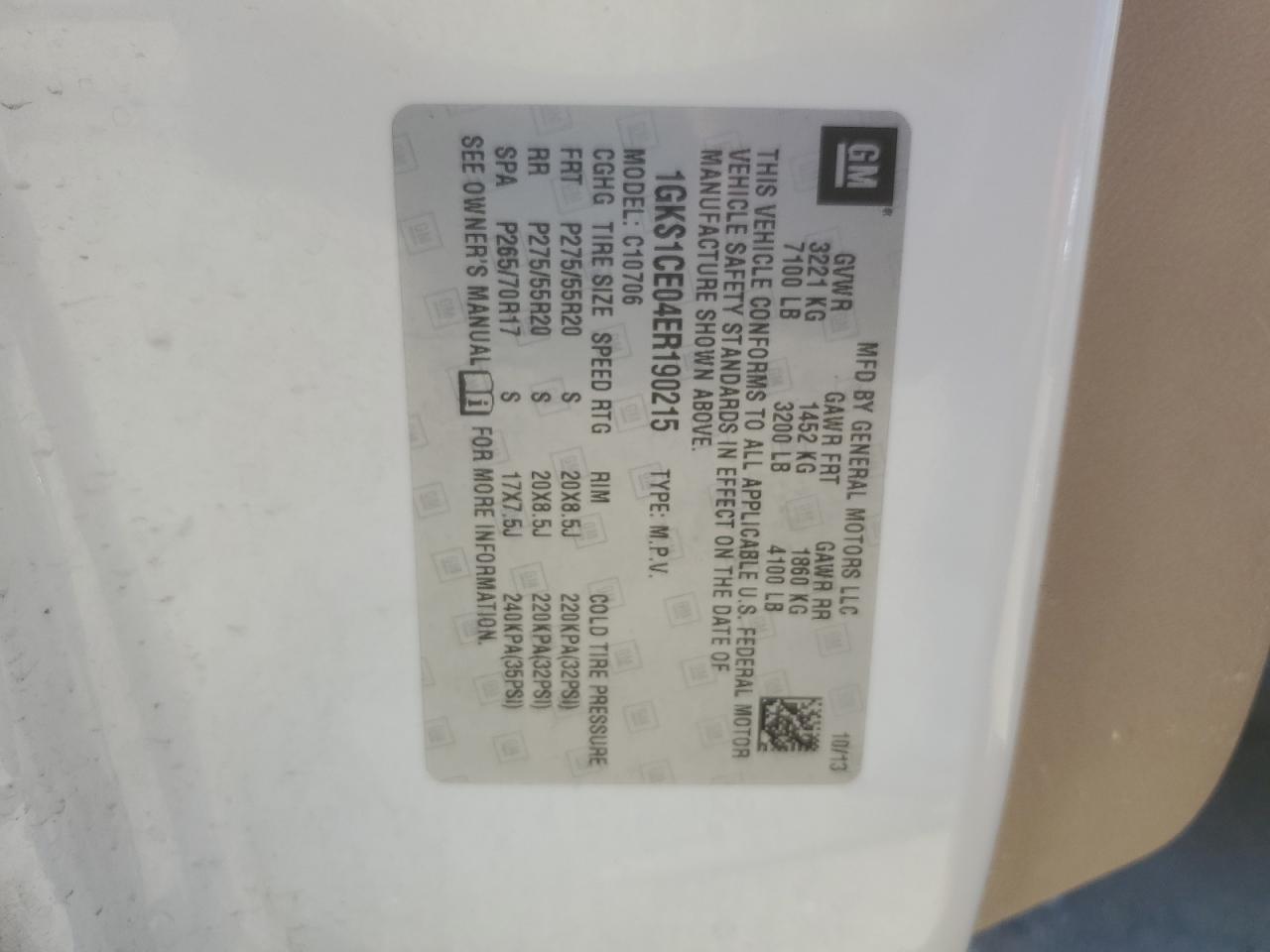 2014 GMC Yukon Slt VIN: 1GKS1CE04ER190215 Lot: 85530145