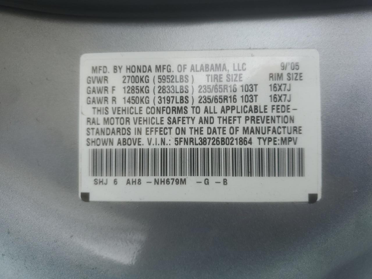 2006 Honda Odyssey Exl VIN: 5FNRL38726B021864 Lot: 82199025