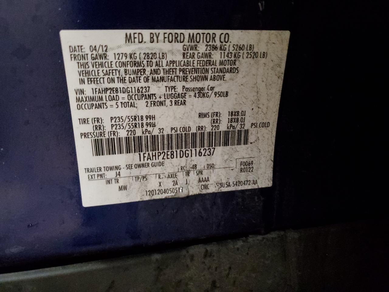 2013 Ford Taurus Sel VIN: 1FAHP2E81DG116237 Lot: 90426555