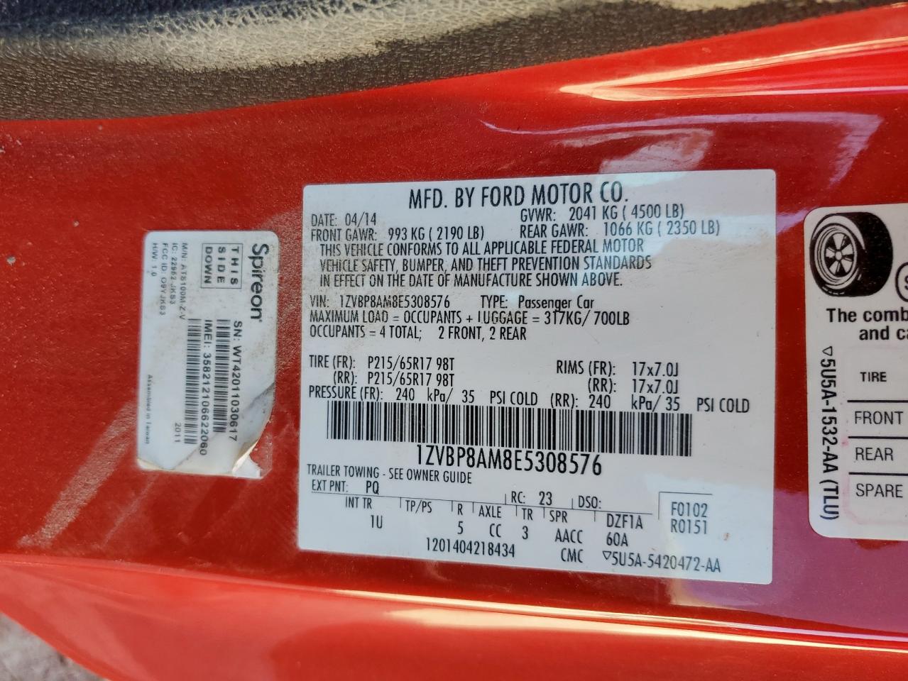 2014 Ford Mustang VIN: 1ZVBP8AM8E5308576 Lot: 80533715