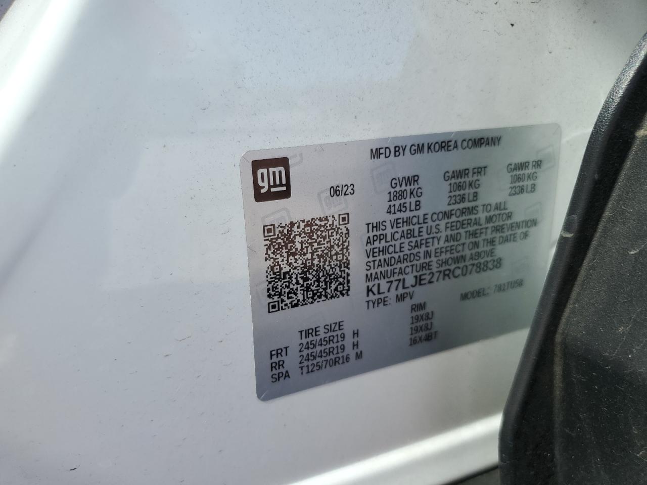 2024 Chevrolet Trax 2Rs VIN: KL77LJE27RC078838 Lot: 89824925