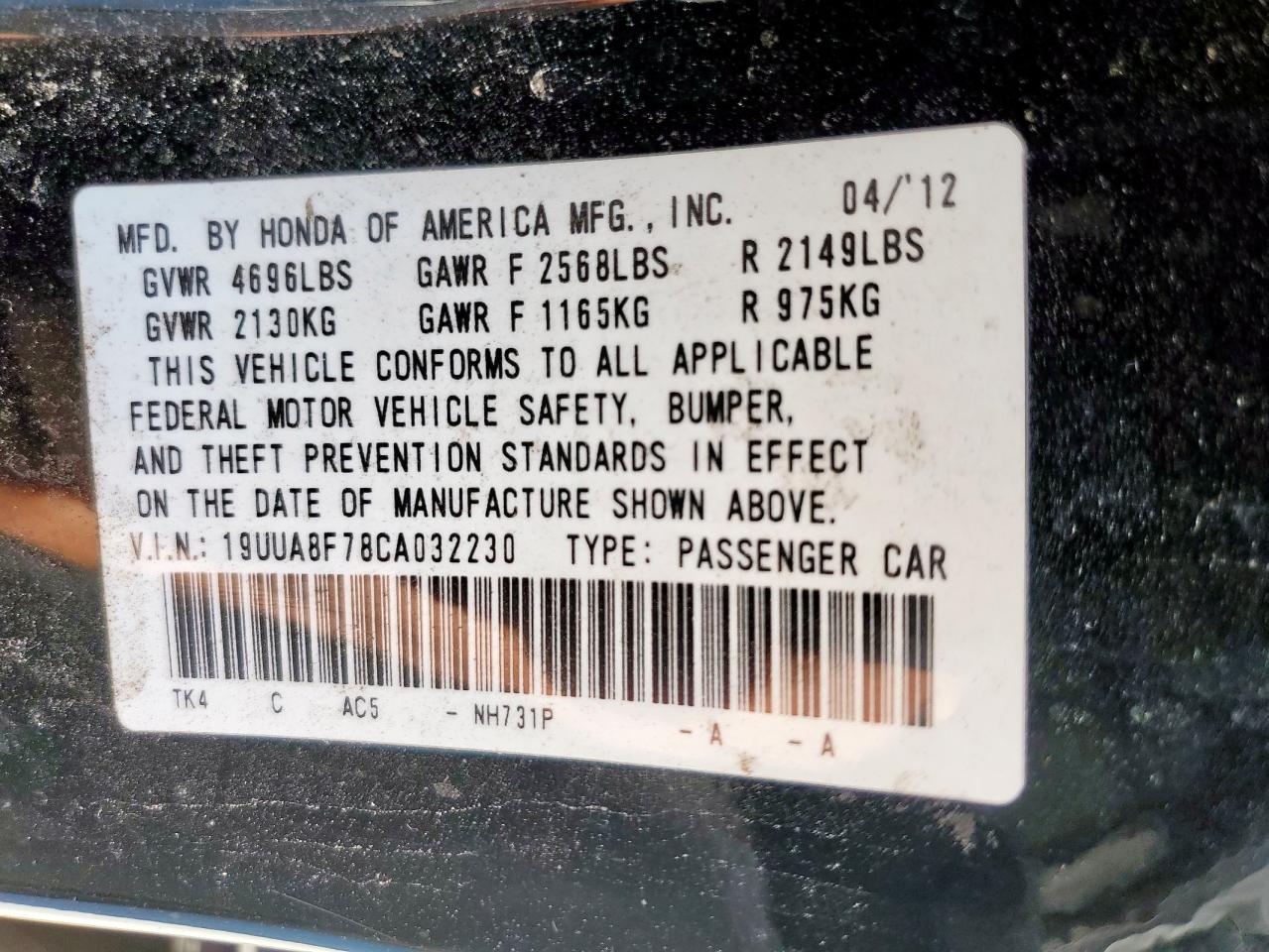 2012 Acura Tl VIN: 19UUA8F78CA032230 Lot: 85135775