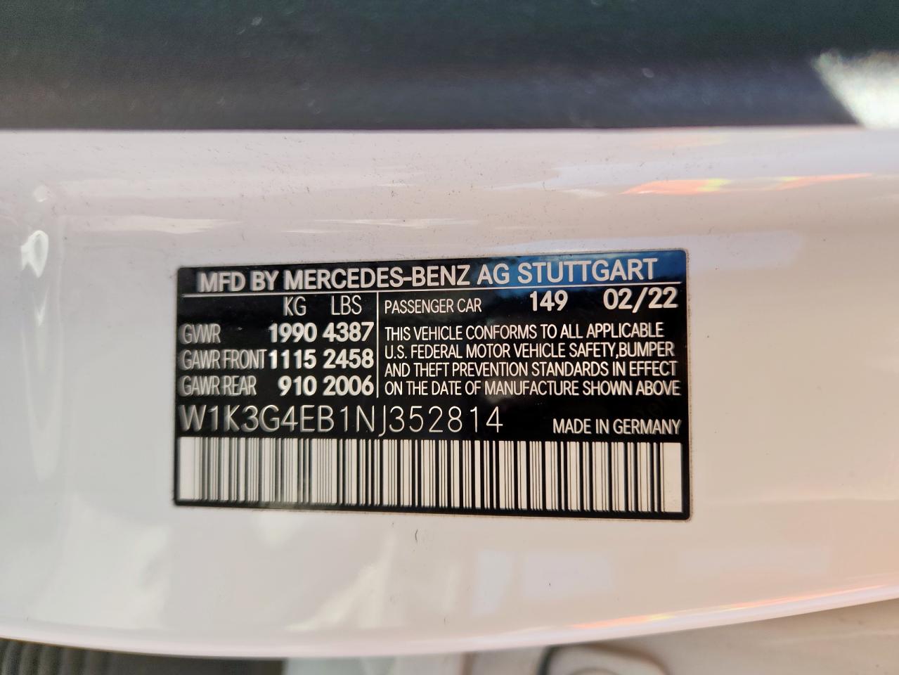 2022 Mercedes-Benz A 220 VIN: W1K3G4EB1NJ352814 Lot: 90023855