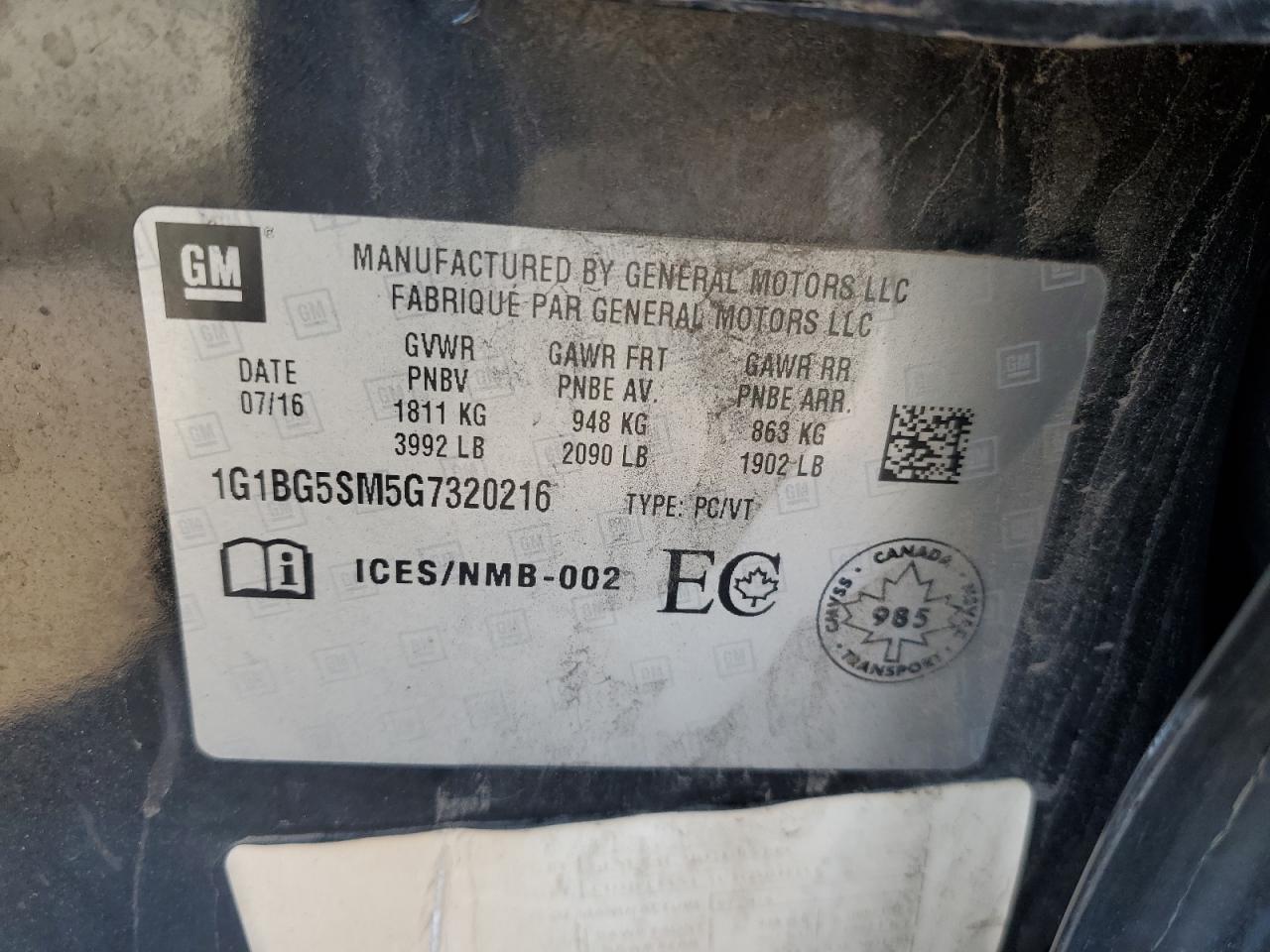 2016 Chevrolet Cruze Premier VIN: 1G1BG5SM5G7320216 Lot: 82314835