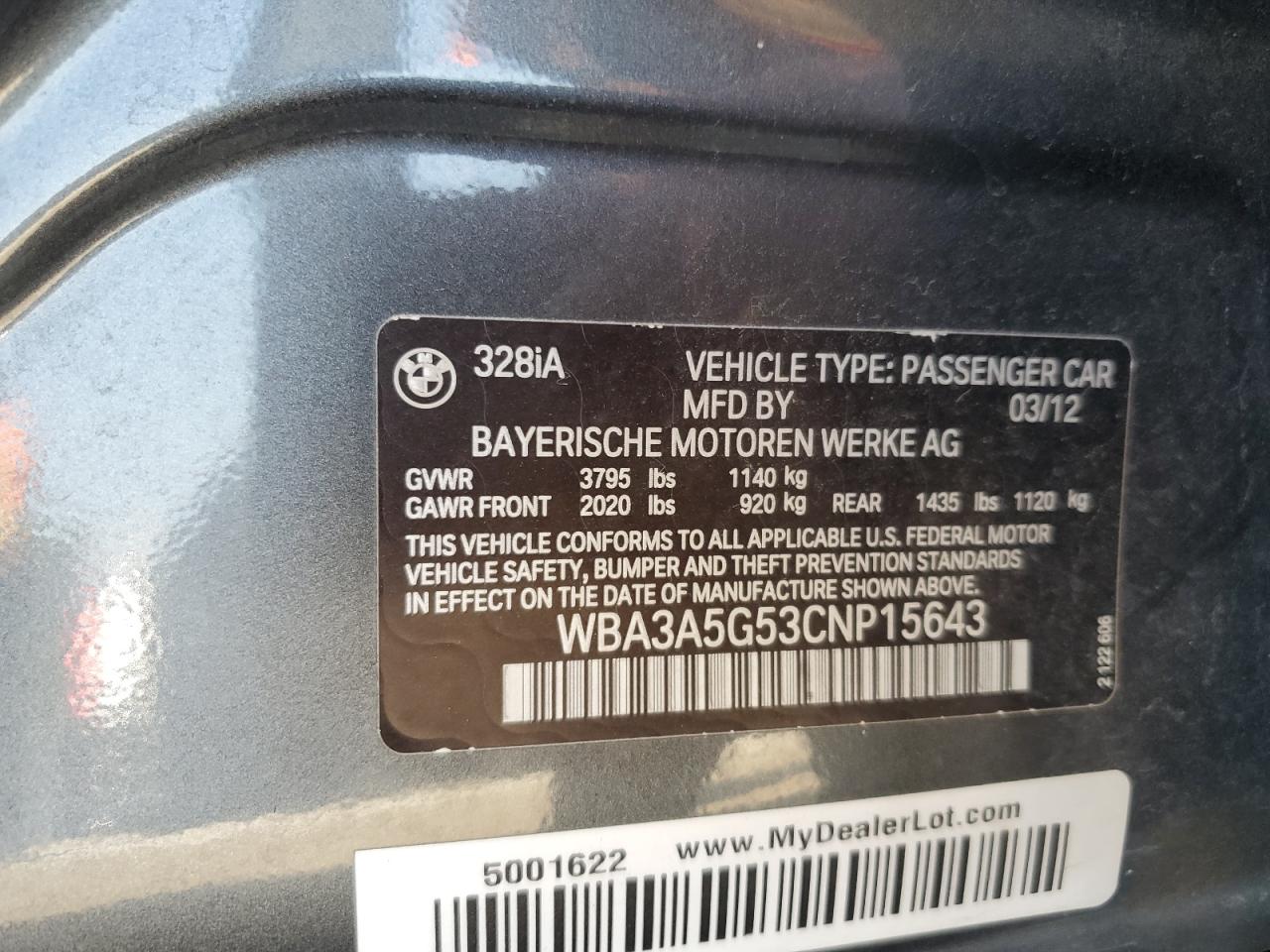 2012 BMW 328 I VIN: WBA3A5G53CNP15643 Lot: 81937365