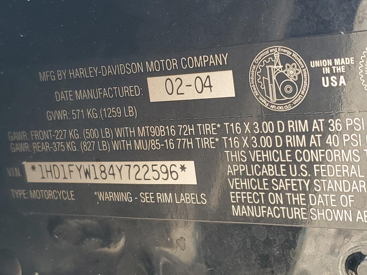 2004 Harley-Davidson Flhrsi VIN: 1HD1FYW184Y722596 Lot: 82263285
