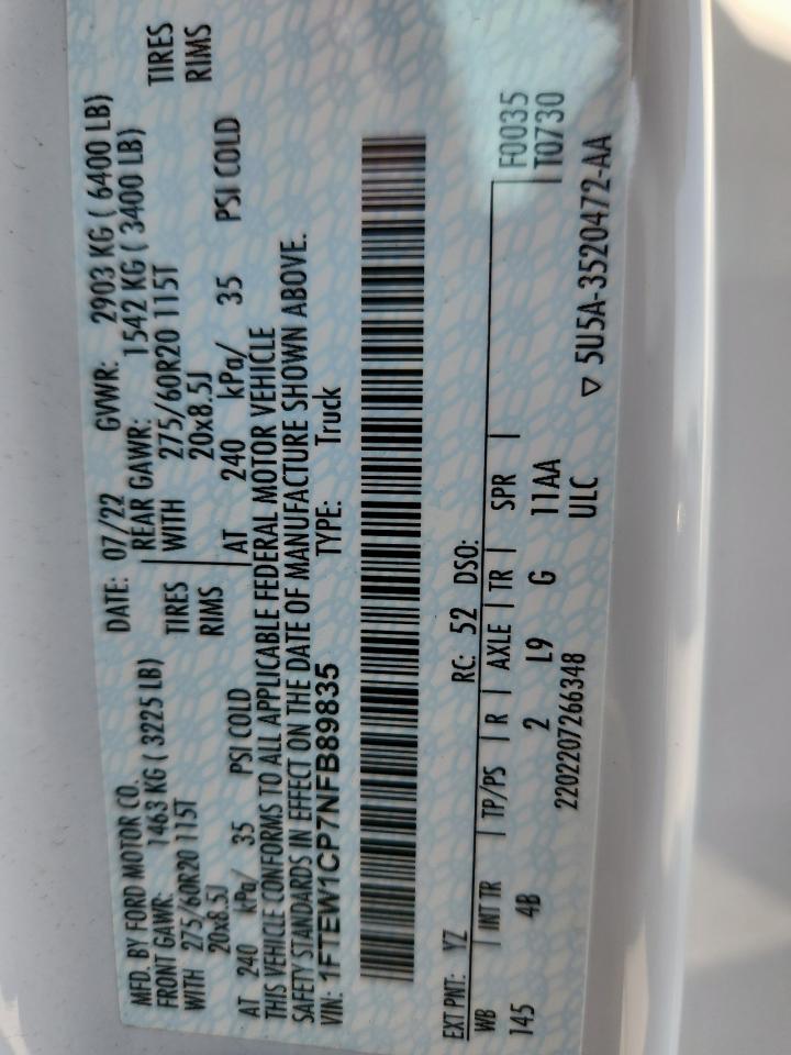 2022 Ford F150 Supercrew VIN: 1FTEW1CP7NFB89835 Lot: 86099905