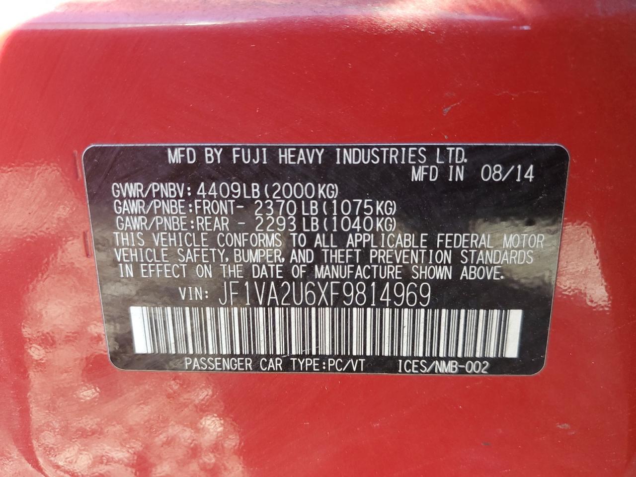 2015 Subaru Wrx Sti Limited VIN: JF1VA2U6XF9814969 Lot: 85649965