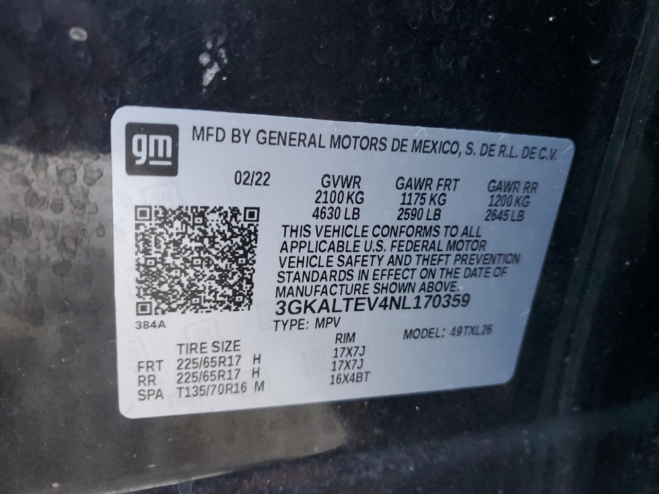 2022 GMC Terrain Sle VIN: 3GKALTEV4NL170359 Lot: 86146785