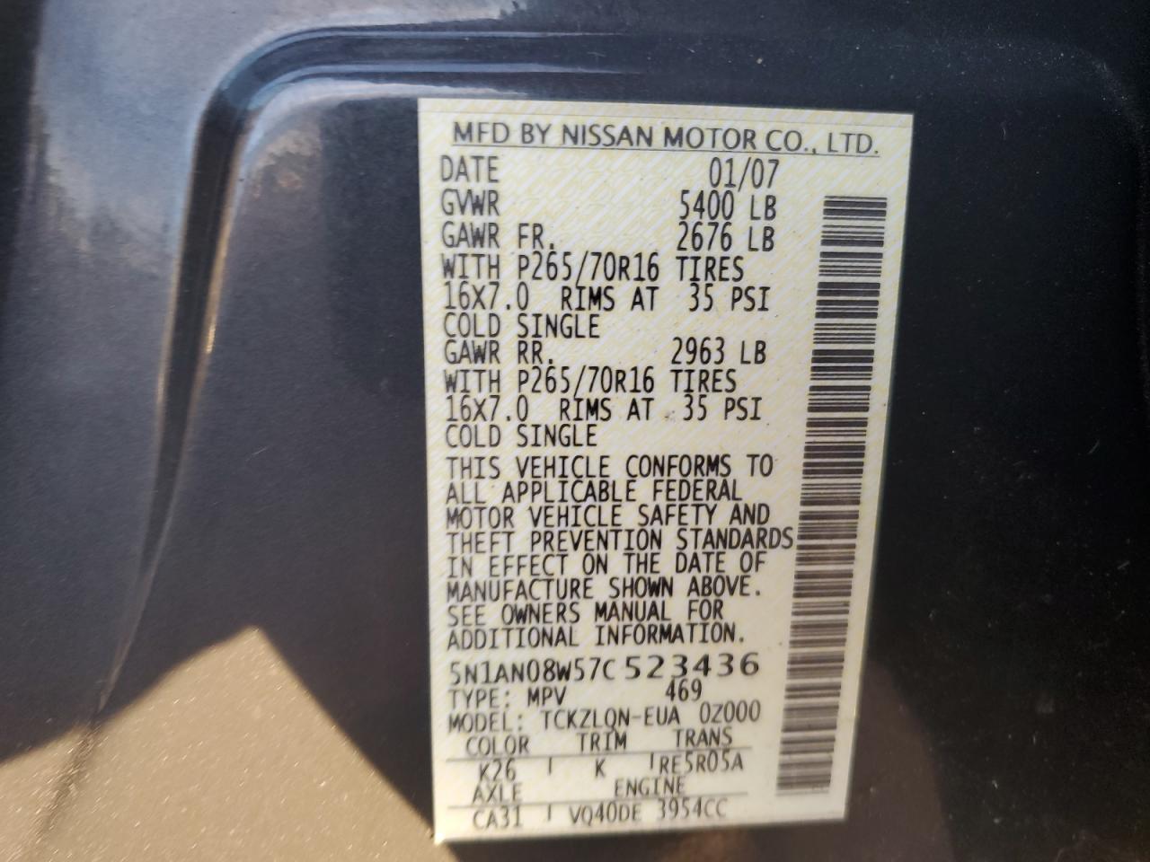2007 Nissan Xterra Off Road VIN: 5N1AN08W57C523436 Lot: 87373845