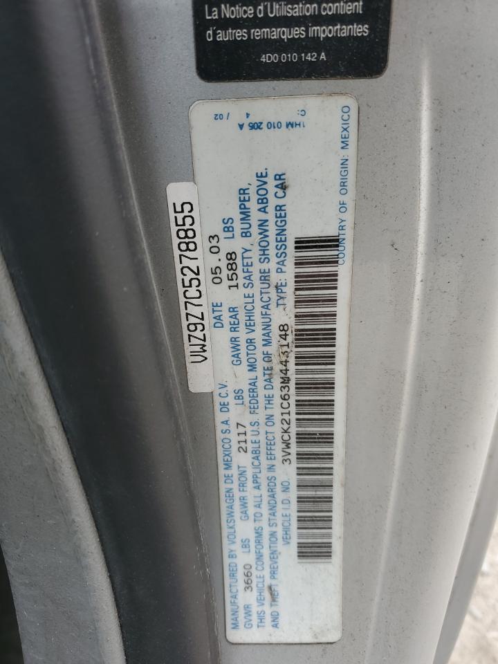 2003 Volkswagen New Beetle Gls VIN: 3VWCK21C63M443148 Lot: 90572855