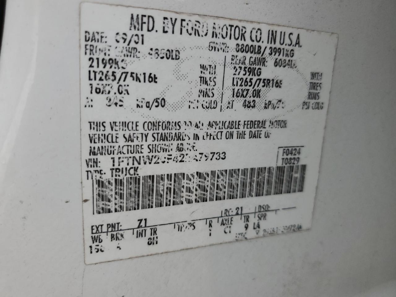 2002 Ford F250 Super Duty VIN: 1FTNW20F42EA79733 Lot: 85152065