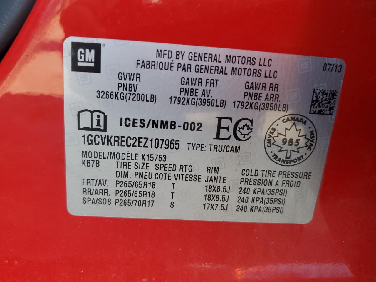 2014 Chevrolet Silverado K1500 Lt VIN: 1GCVKREC2EZ107965 Lot: 81938685