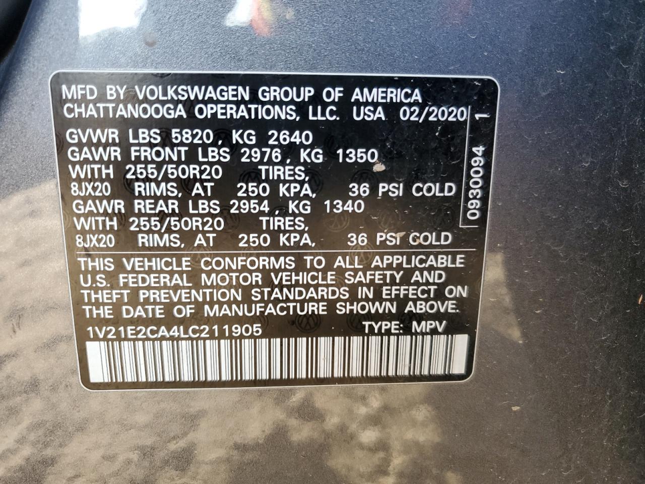 2020 Volkswagen Atlas Cross Sport Se VIN: 1V21E2CA4LC211905 Lot: 90478005