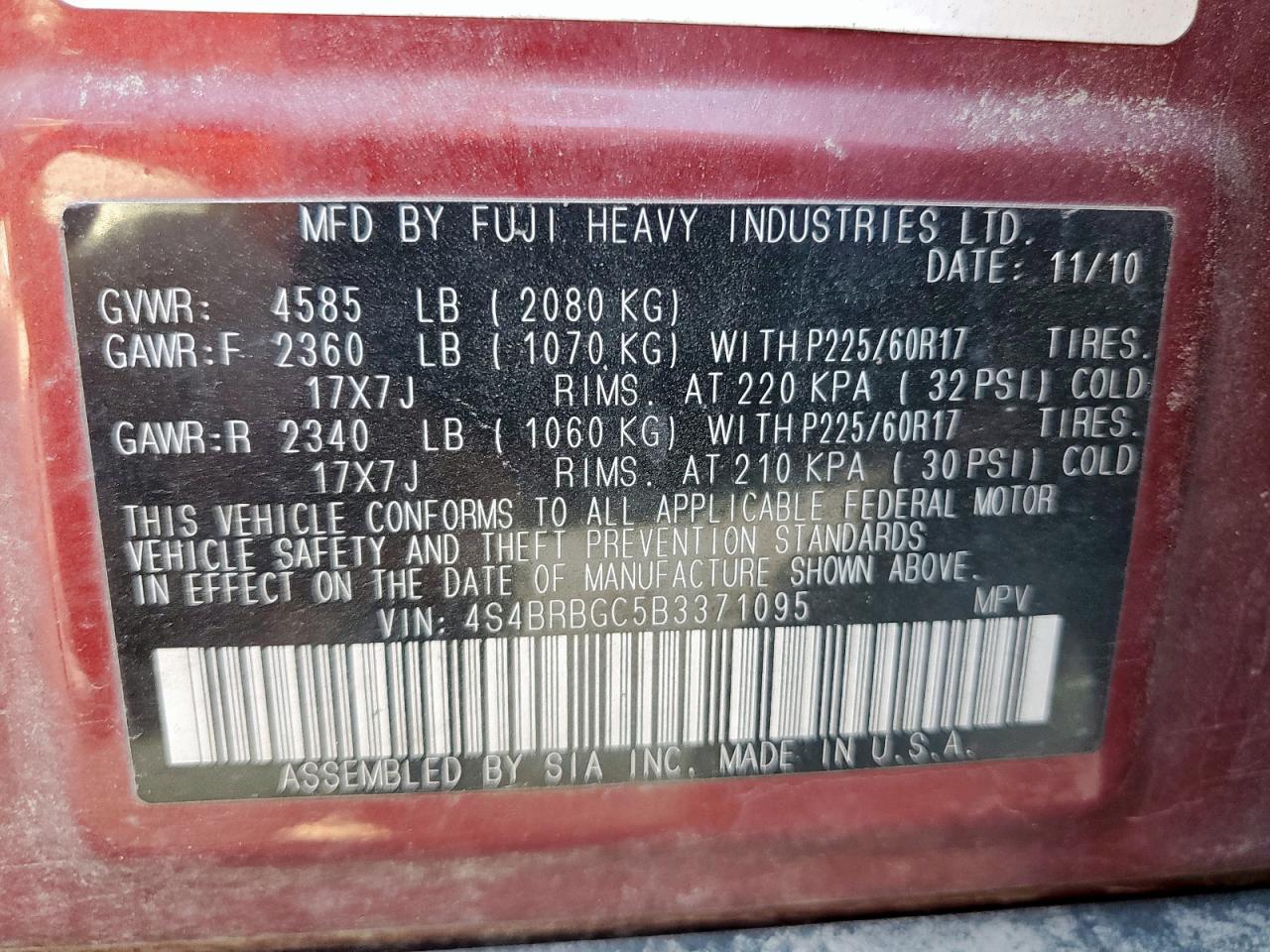 2011 Subaru Outback 2.5I Premium VIN: 4S4BRBGC5B3371095 Lot: 85477635