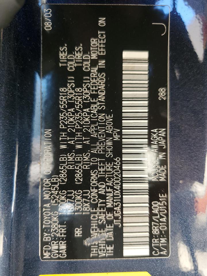 2004 Lexus Rx 330 VIN: JTJGA31UX40020466 Lot: 85719225