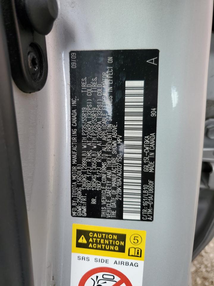 2010 Lexus Rx 350 VIN: 2T2BK1BA7AC027150 Lot: 85758925