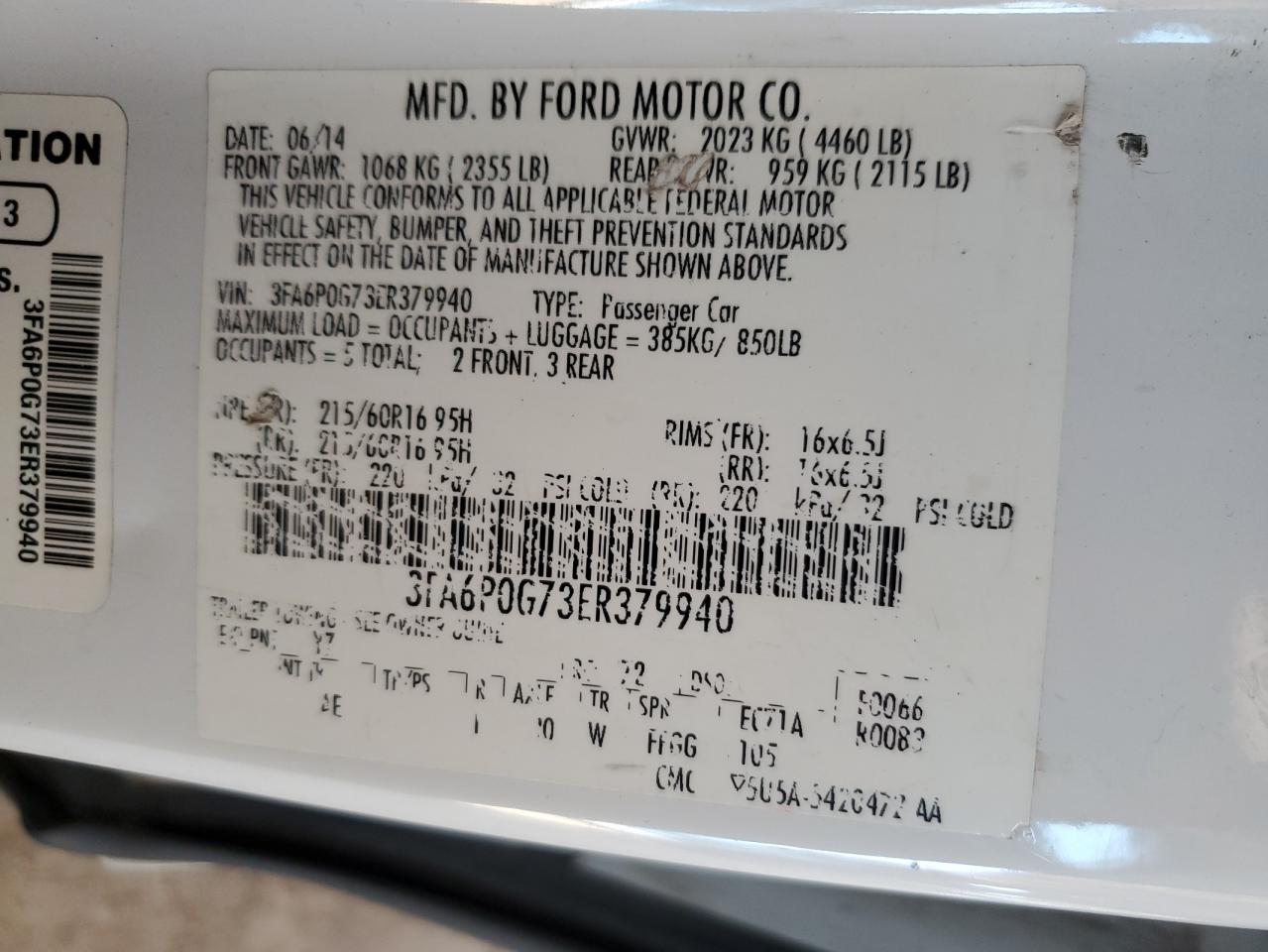 2014 Ford Fusion S VIN: 3FA6P0G73ER379940 Lot: 86553775
